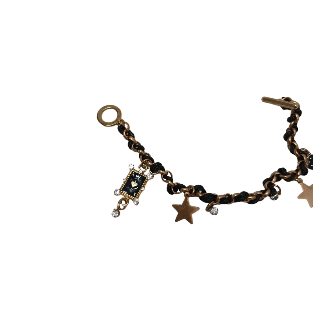 Chain Bracelet Ace of Spade Charm  Black Leather Simulated Diamonds Gold Stars - Picture 5 of 7
